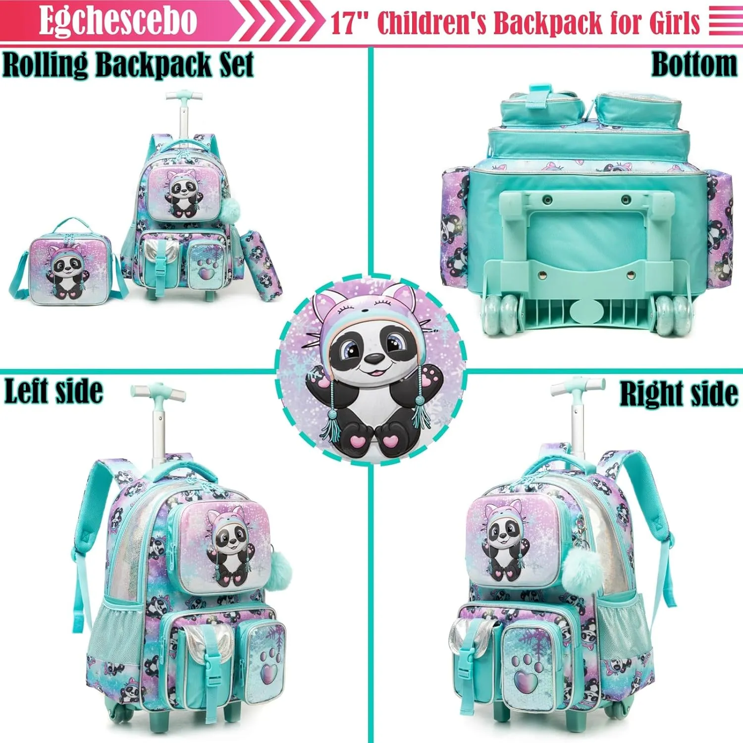 Egchescebo School Kids Rolling Backpack for Boys 17" Multiple Function Pockets