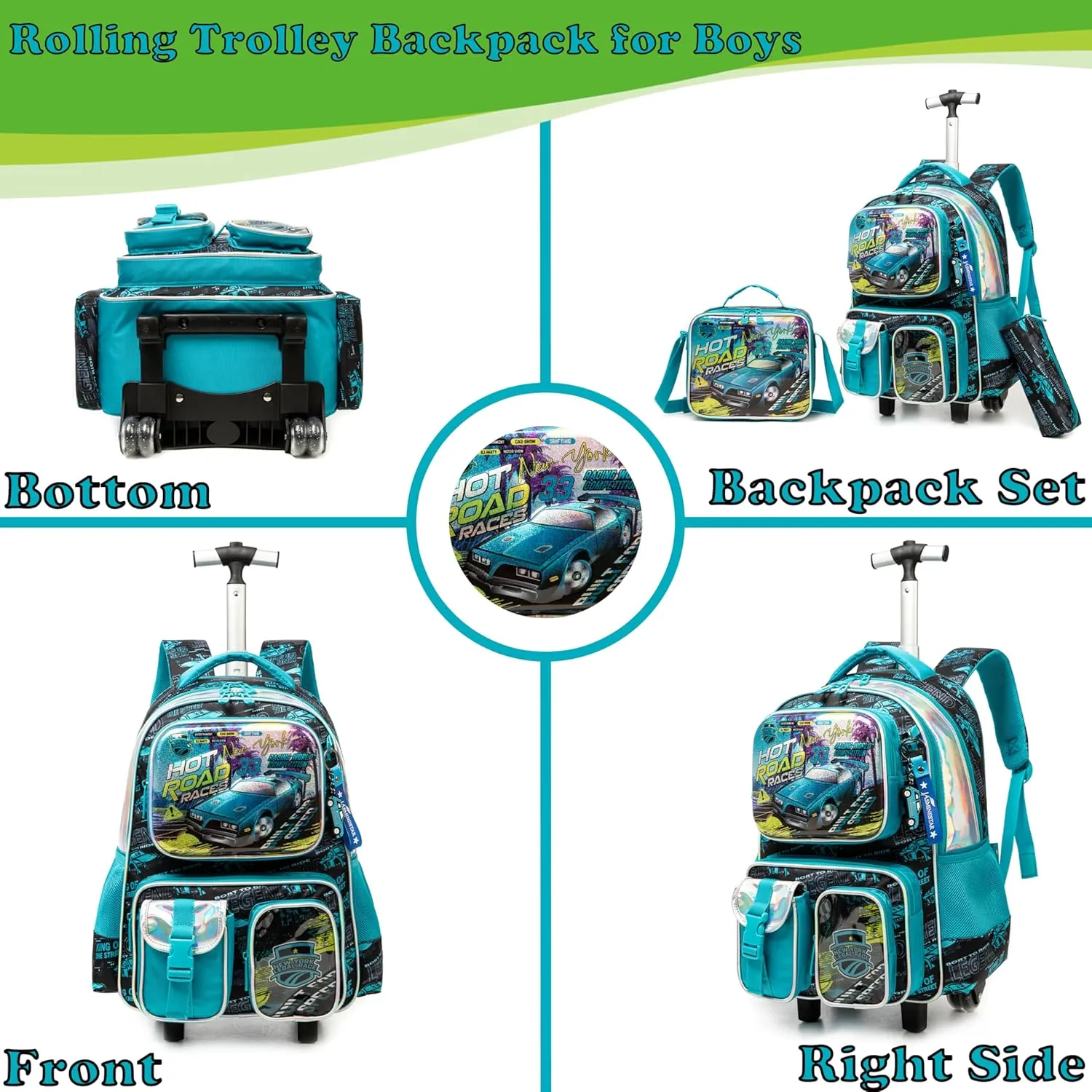 Egchescebo School Kids Rolling Backpack for Boys 17" Multiple Function Pockets