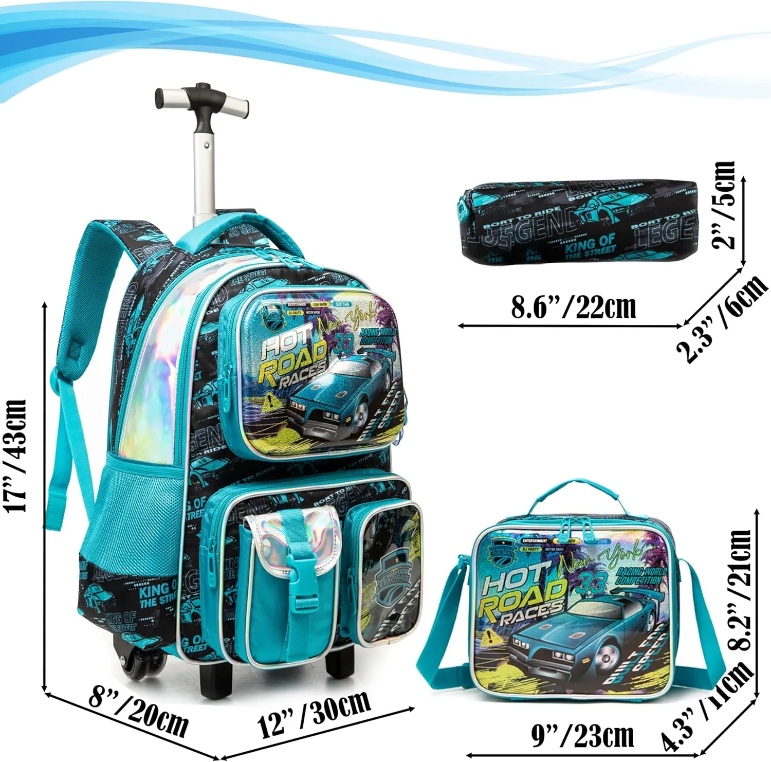 Egchescebo School Kids Rolling Backpack for Boys 17" Multiple Function Pockets
