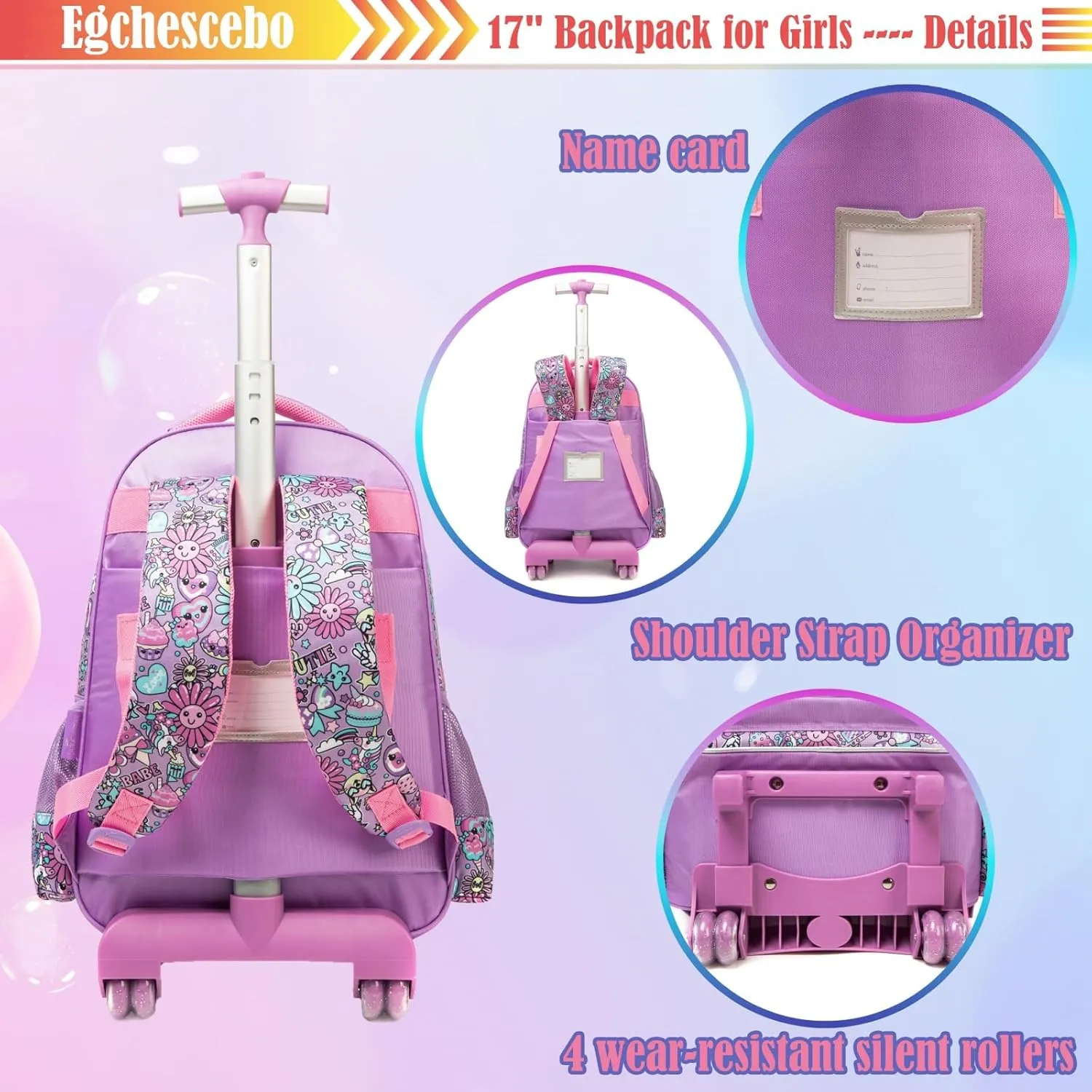 Egchescebo School Kids Rolling Backpack for Boys 17" Multiple Function Pockets