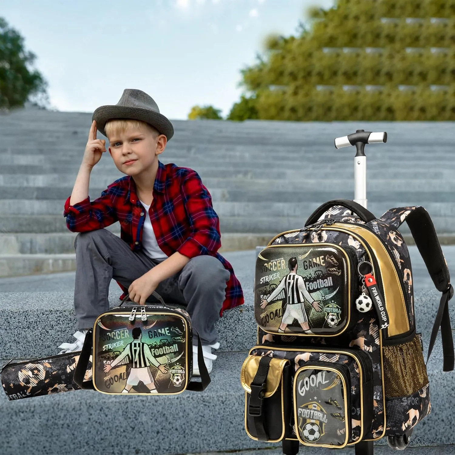 Egchescebo School Kids Rolling Backpack for Boys 17" Multiple Function Pockets