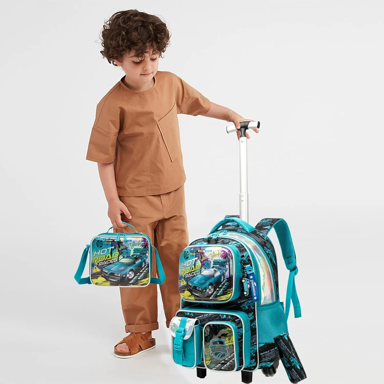 Egchescebo School Kids Rolling Backpack for Boys 17" Multiple Function Pockets