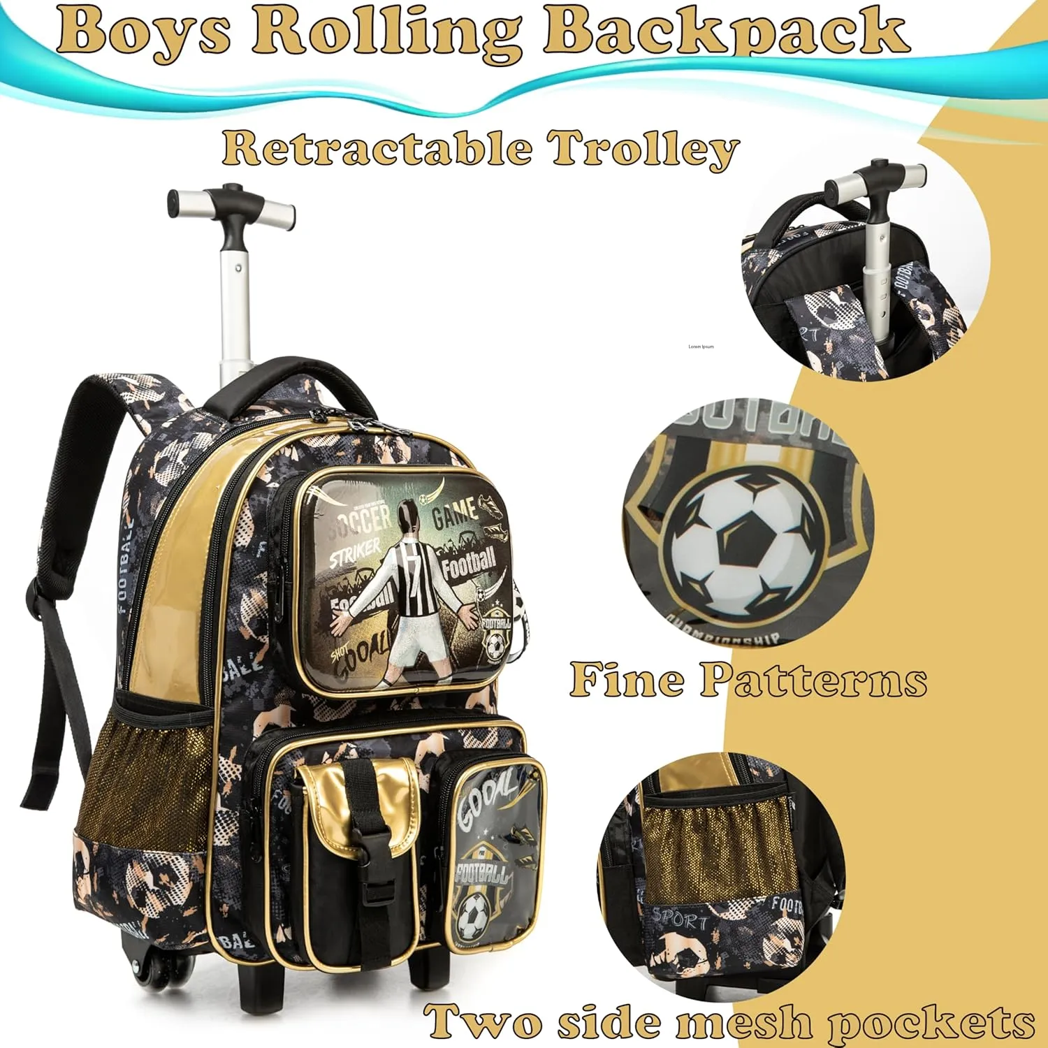 Egchescebo School Kids Rolling Backpack for Boys 17" Multiple Function Pockets