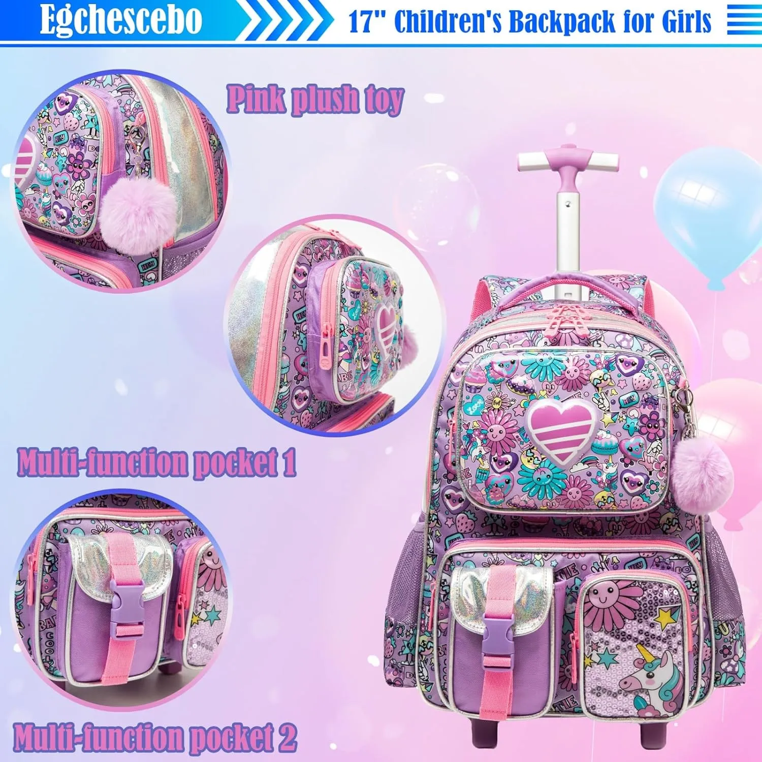 Egchescebo School Kids Rolling Backpack for Boys 17" Multiple Function Pockets