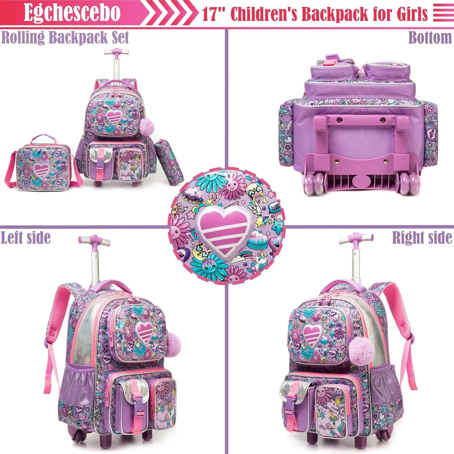 Egchescebo School Kids Rolling Backpack for Boys 17" Multiple Function Pockets