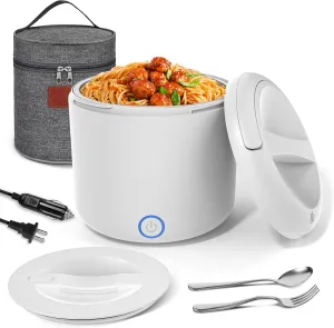 Electric Lunch Box Food Heater, 1.2L/41oz Heated Lunch Boxes for Adults, 12V/24V/110V Portable Food Warmer for Car/Truck/Office With Fork Spoon and Insulated Carry Bag（White）