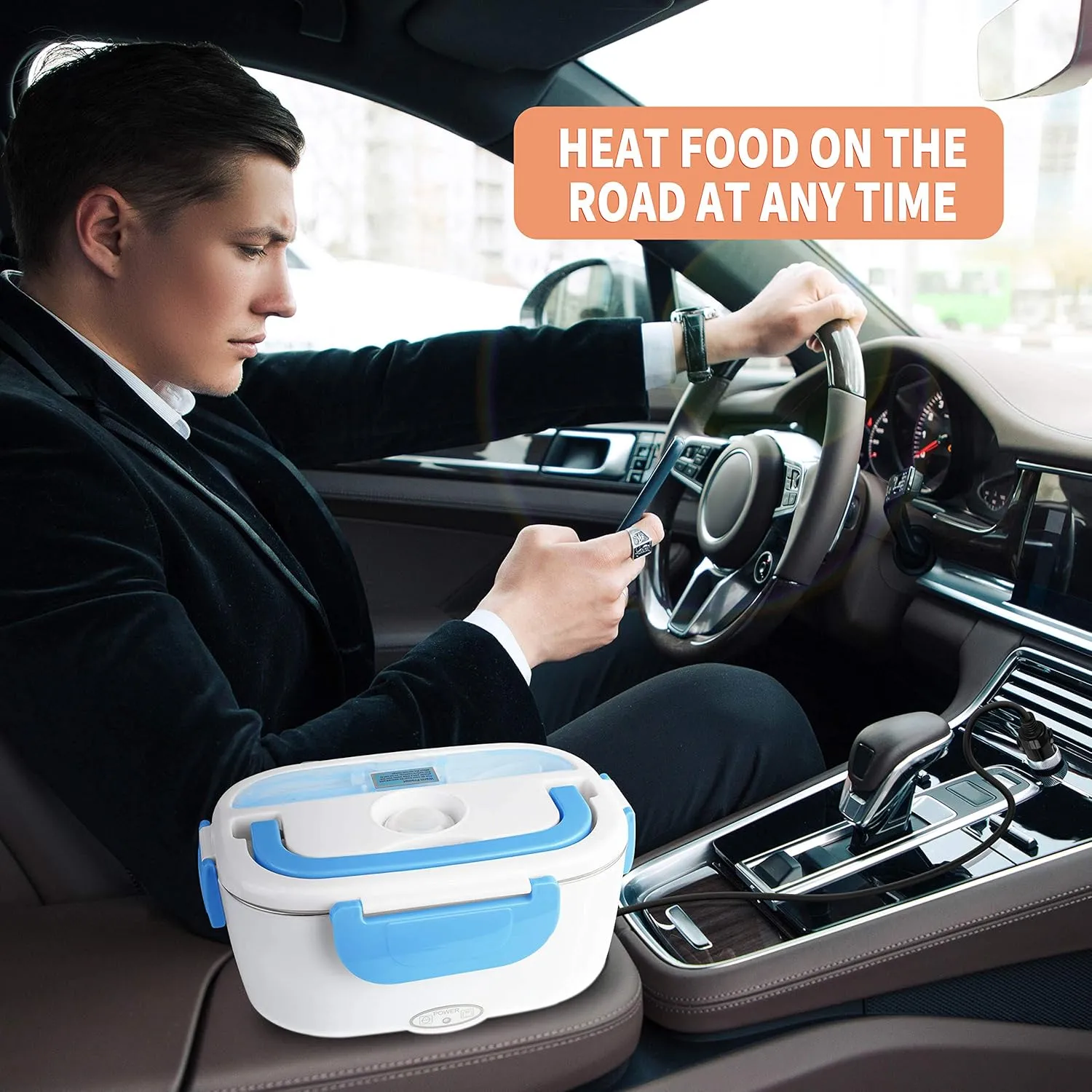 Electric Lunch Box Food Heater 80W Fast Heated Lunch Box for Adults, 1.5L Portable Food Warmer loncheras 12V/24V/110V for Car/Home/Office with Fork Spoon and Insulated Lunch Bag
