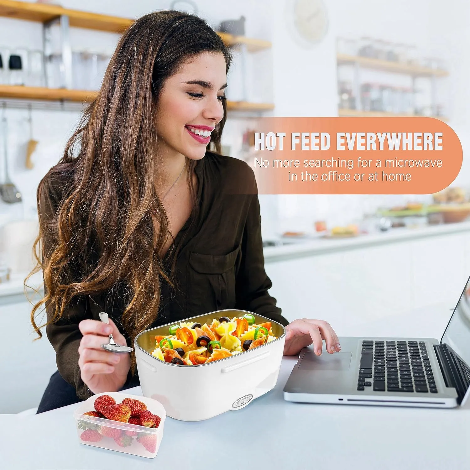 Electric Lunch Box Food Heater 80W Fast Heated Lunch Box for Adults, 1.5L Portable Food Warmer loncheras 12V/24V/110V for Car/Home/Office with Fork Spoon and Insulated Lunch Bag
