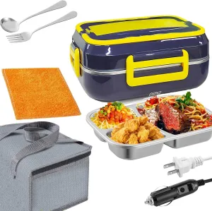 Electric Lunch Box Food Warmer for Office、Car Truck Hot Meals Boxes Heater. 60W/12/24/110V. 1.5L 3 in1 Portable Food Heating Lunch Boxes with Spoon & Fork and Thermal Bag（Blue）