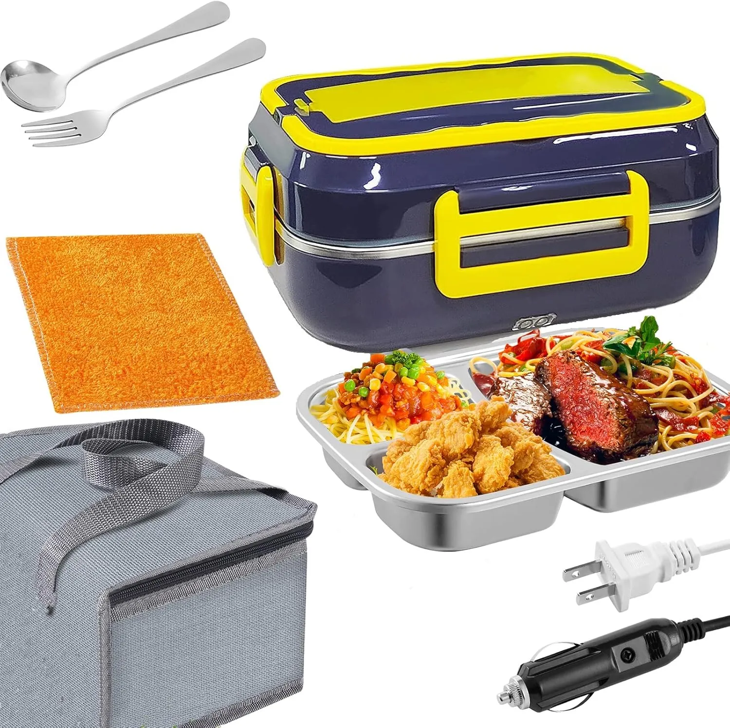Electric Lunch Box Food Warmer for Office、Car Truck Hot Meals Boxes Heater. 60W/12/24/110V. 1.5L 3 in1 Portable Food Heating Lunch Boxes with Spoon & Fork and Thermal Bag（Blue）