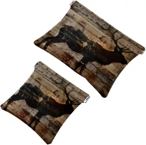 Elk on Wooden Background Pocket Cosmetic Bag, Waterproof Squeeze Makeup Bag No Zipper Self-Closing, Portable Mini Travel Storage for Headphones Jewelry