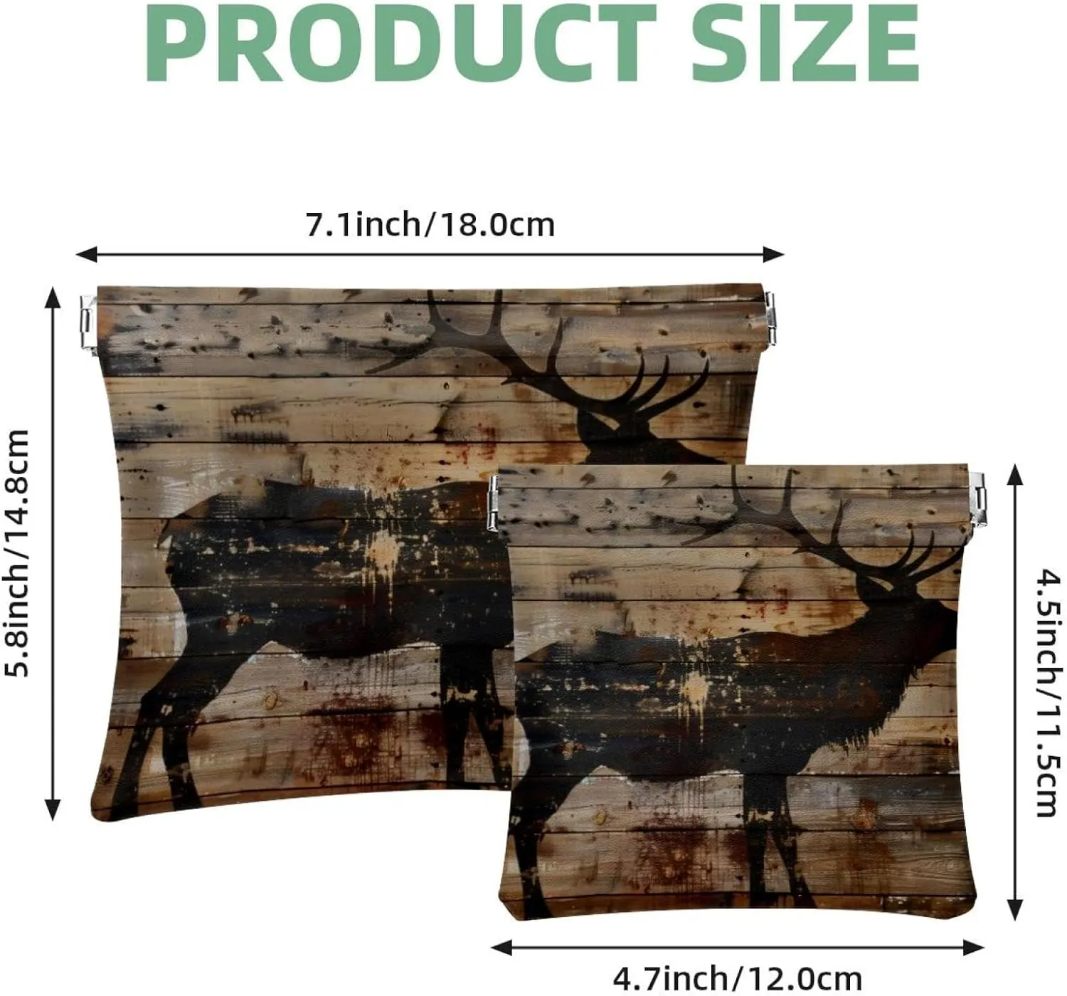 Elk on Wooden Background Pocket Cosmetic Bag, Waterproof Squeeze Makeup Bag No Zipper Self-Closing, Portable Mini Travel Storage for Headphones Jewelry