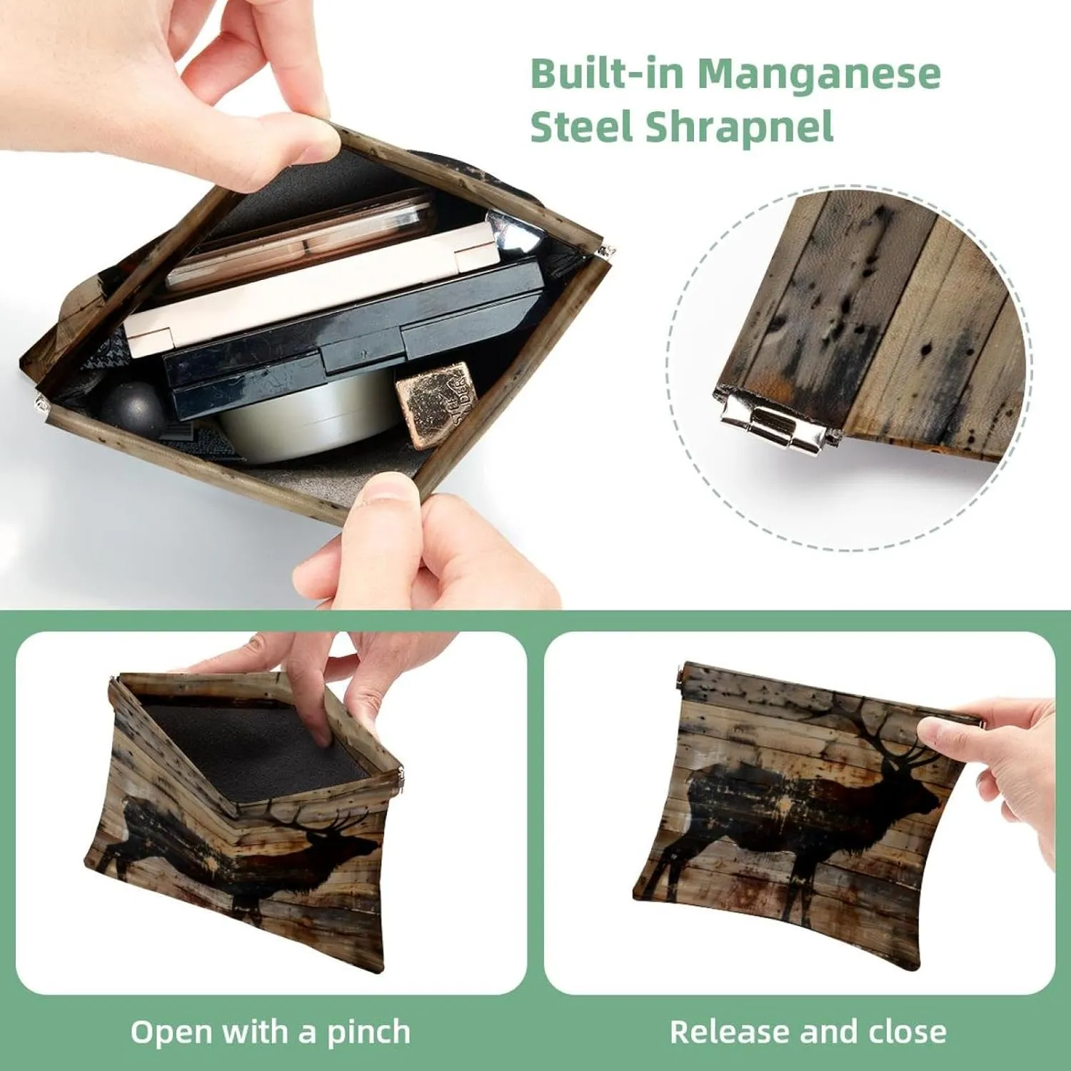 Elk on Wooden Background Pocket Cosmetic Bag, Waterproof Squeeze Makeup Bag No Zipper Self-Closing, Portable Mini Travel Storage for Headphones Jewelry