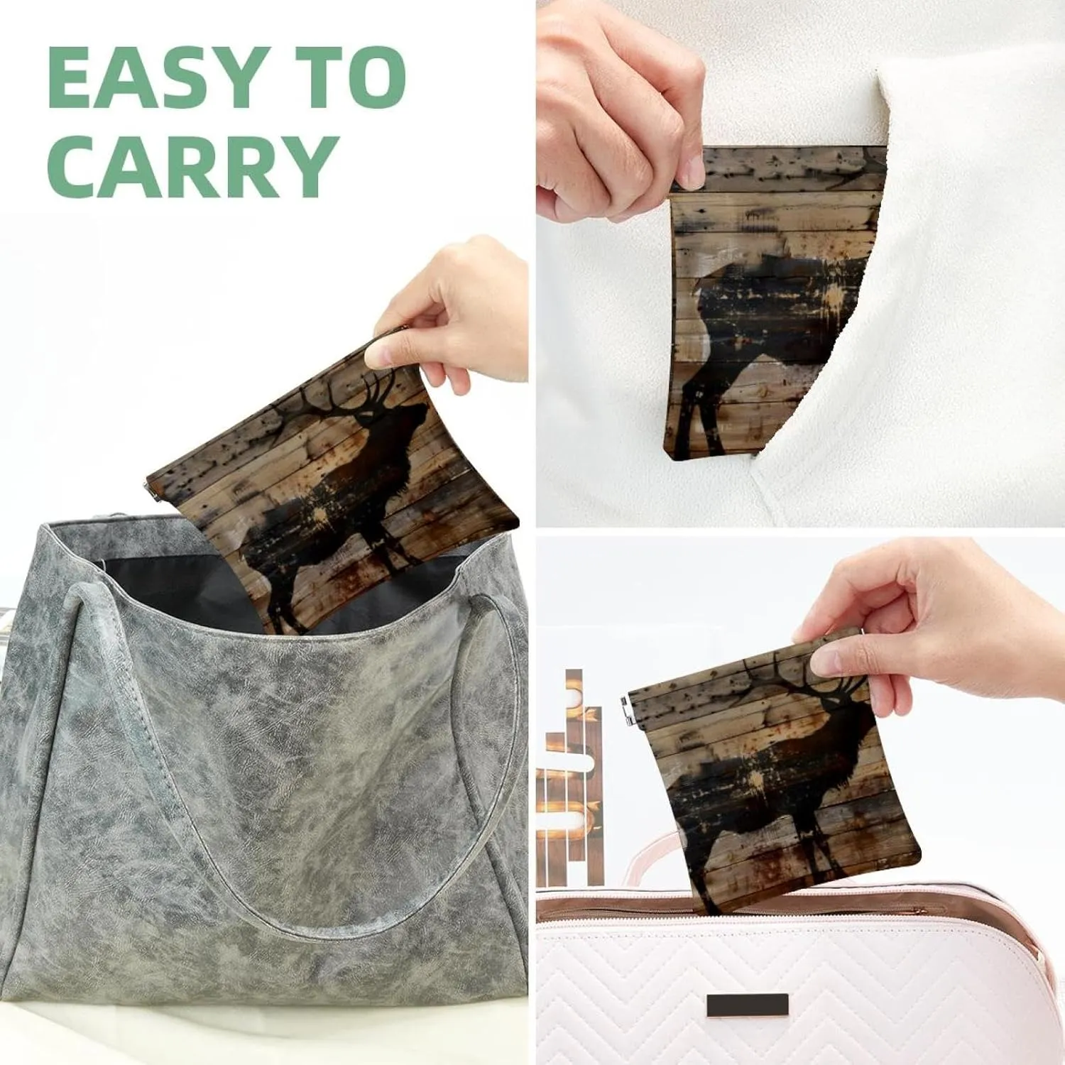 Elk on Wooden Background Pocket Cosmetic Bag, Waterproof Squeeze Makeup Bag No Zipper Self-Closing, Portable Mini Travel Storage for Headphones Jewelry