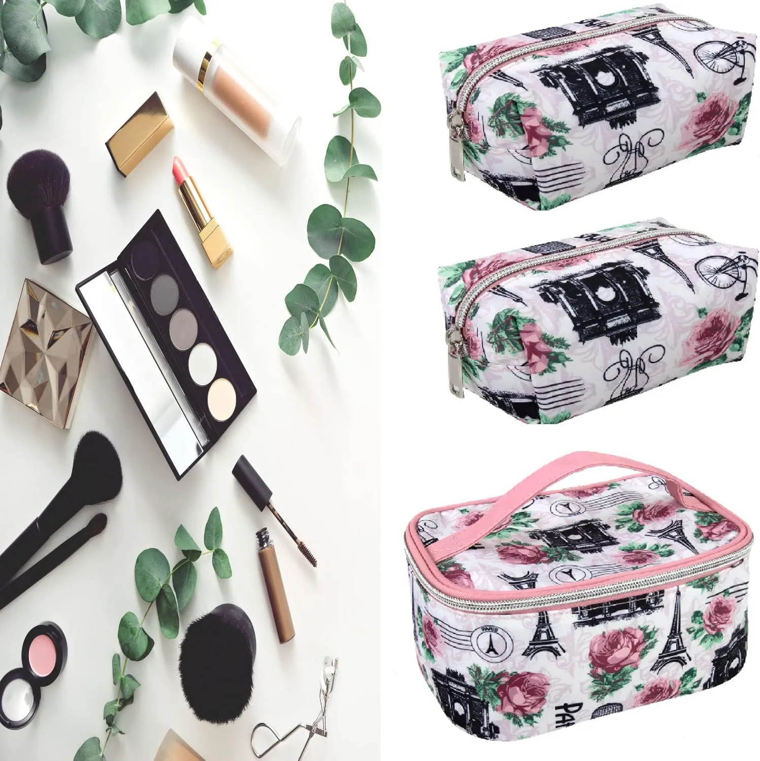 Emma & Chloe 4 Piece Cosmetic Toiletry Bag Set, Waterproof Home, Travel Cosmetic Train Case Makeup Bags for Women with Zipper (Return to Paris)