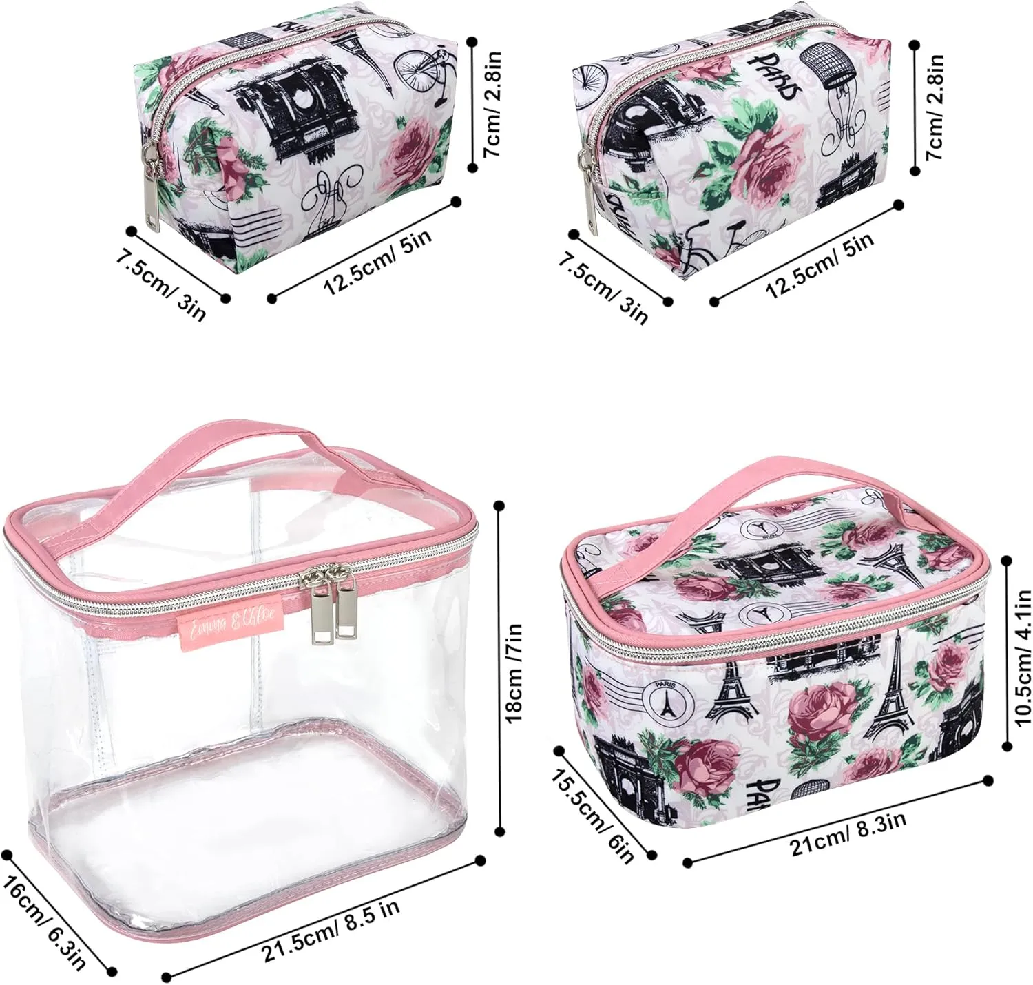 Emma & Chloe 4 Piece Cosmetic Toiletry Bag Set, Waterproof Home, Travel Cosmetic Train Case Makeup Bags for Women with Zipper (Return to Paris)