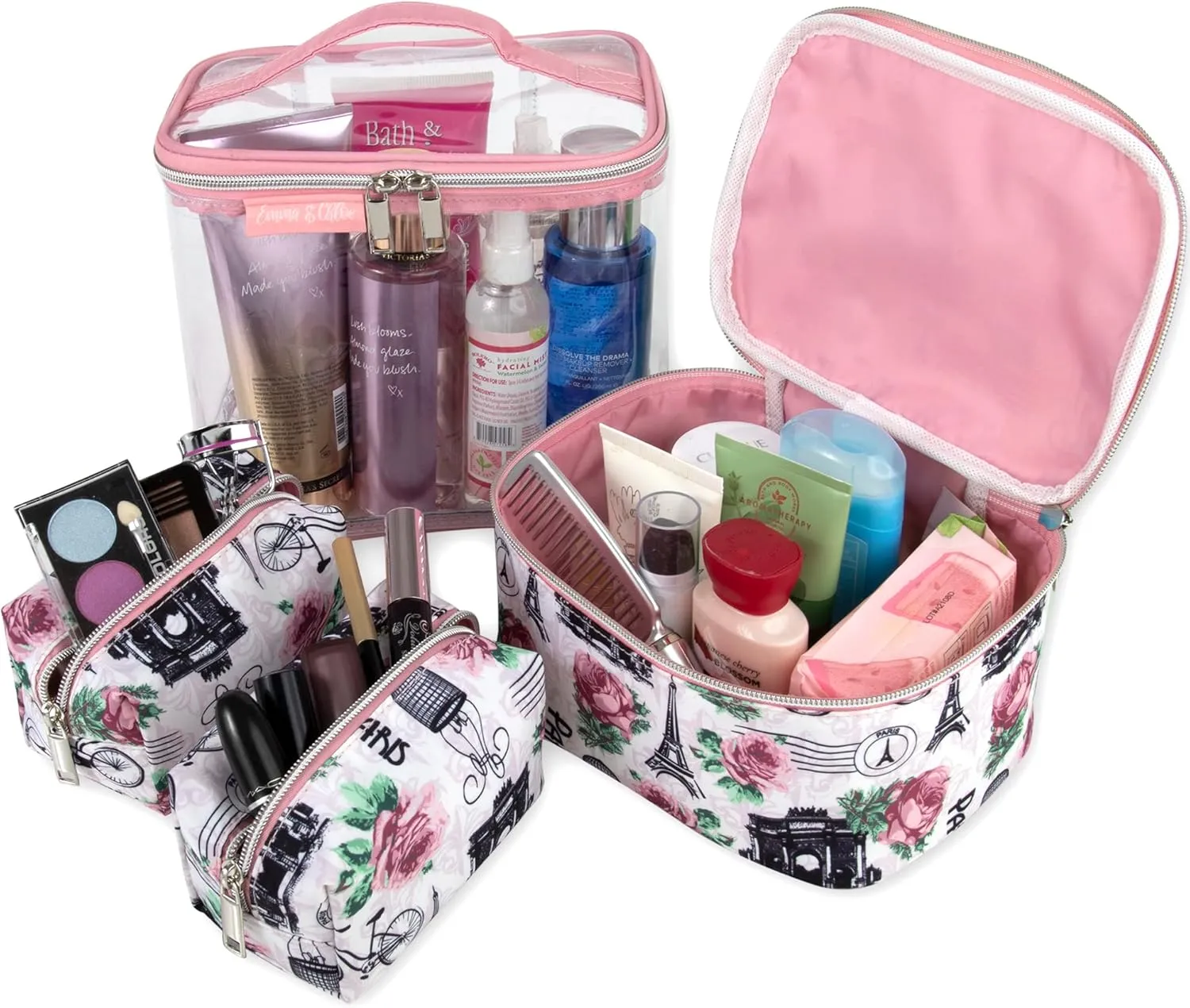Emma & Chloe 4 Piece Cosmetic Toiletry Bag Set, Waterproof Home, Travel Cosmetic Train Case Makeup Bags for Women with Zipper (Return to Paris)