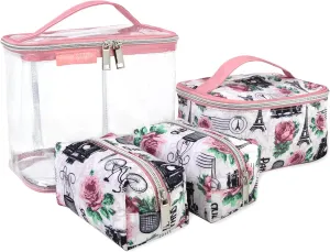 Emma & Chloe 4 Piece Cosmetic Toiletry Bag Set, Waterproof Home, Travel Cosmetic Train Case Makeup Bags for Women with Zipper (Return to Paris)