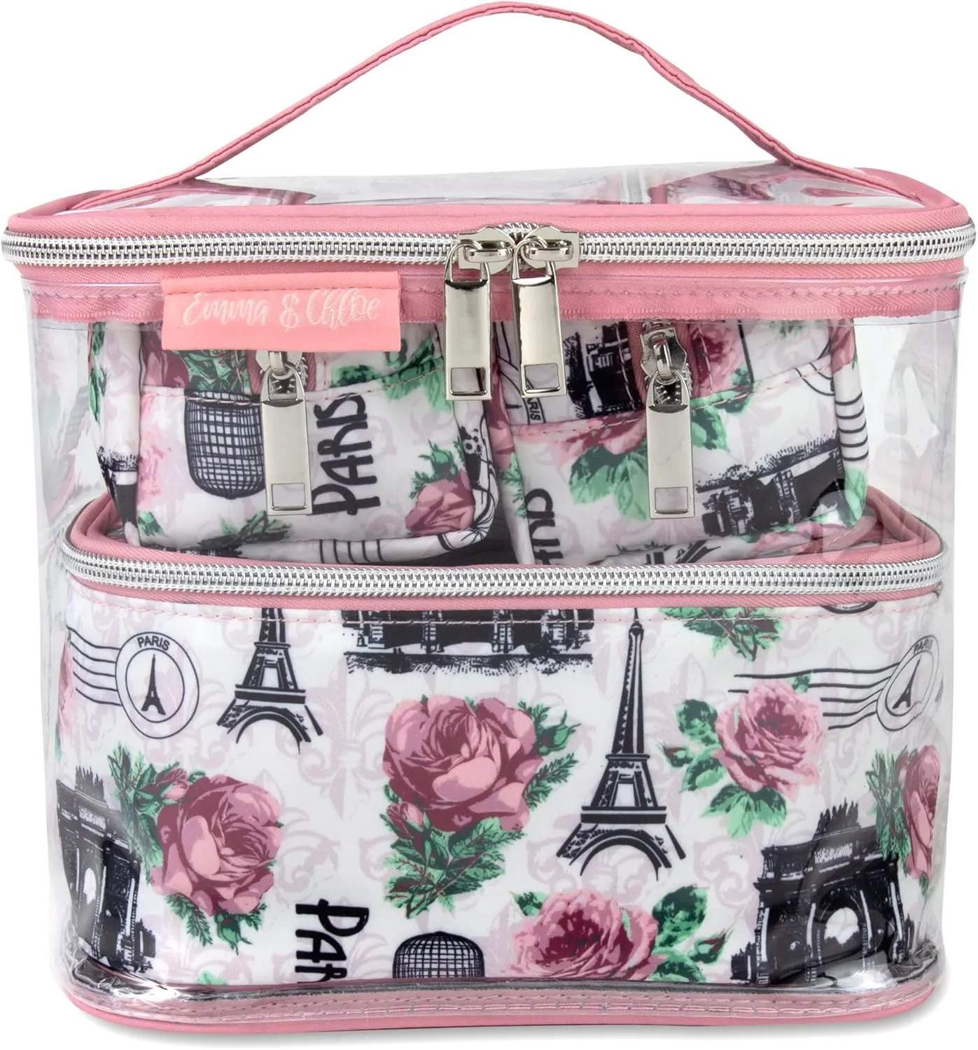 Emma & Chloe 4 Piece Cosmetic Toiletry Bag Set, Waterproof Home, Travel Cosmetic Train Case Makeup Bags for Women with Zipper (Return to Paris)