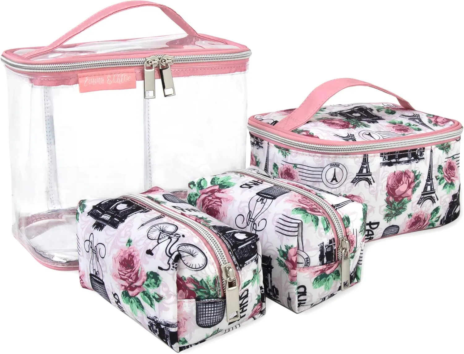 Emma & Chloe 4 Piece Cosmetic Toiletry Bag Set, Waterproof Home, Travel Cosmetic Train Case Makeup Bags for Women with Zipper (Return to Paris)