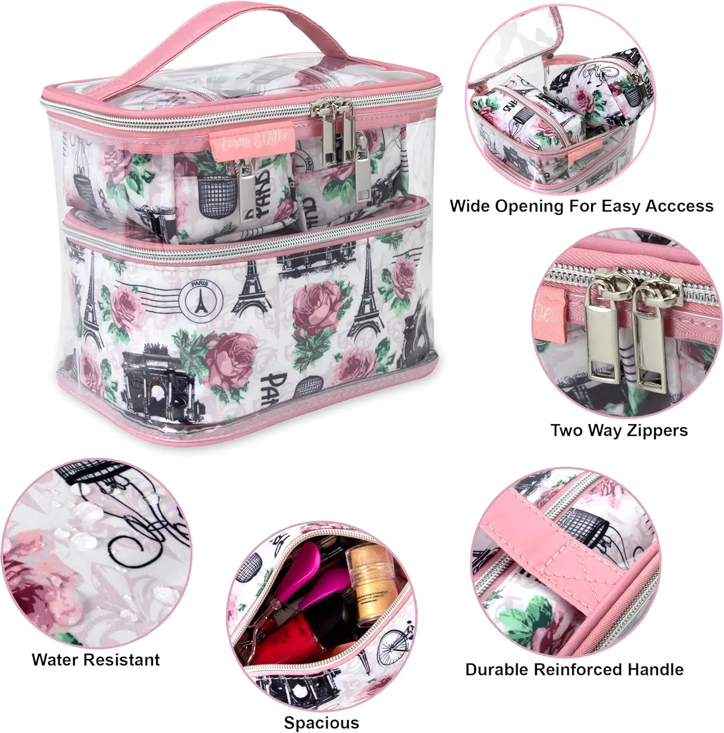 Emma & Chloe 4 Piece Cosmetic Toiletry Bag Set, Waterproof Home, Travel Cosmetic Train Case Makeup Bags for Women with Zipper (Return to Paris)