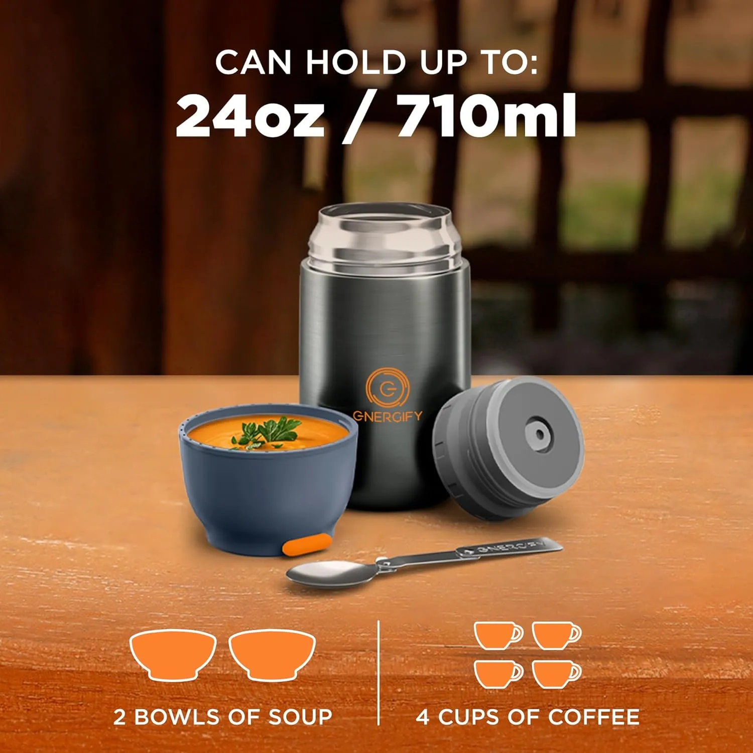 ENERGIFY Vacuum Insulated Food Jar Wide Mouth 24 Oz Soup Thermo with Folding Spoon - Thermal Lunch Containers for Kids & Adults - Leak Proof Stainless Steel Thermos for Hot Food Keep 12H and Cold 24