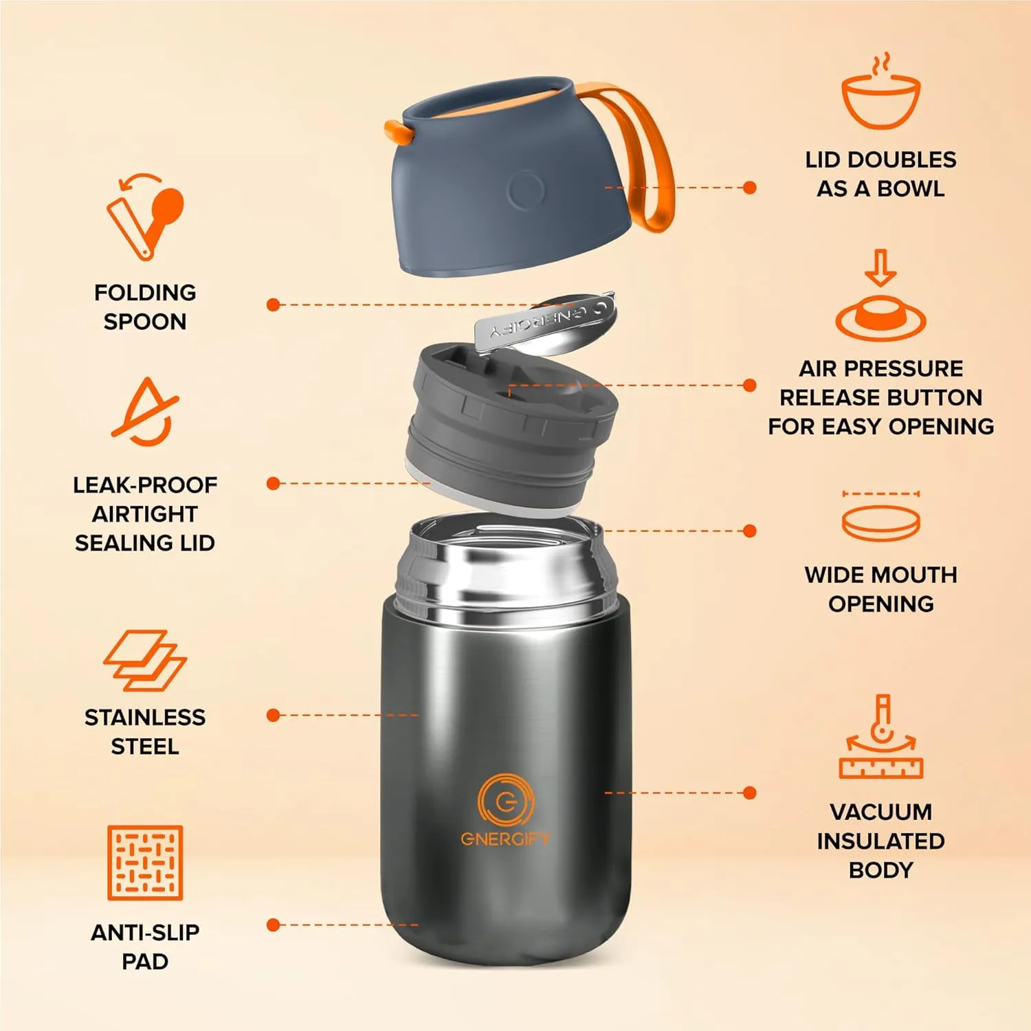 ENERGIFY Vacuum Insulated Food Jar Wide Mouth 24 Oz Soup Thermo with Folding Spoon - Thermal Lunch Containers for Kids & Adults - Leak Proof Stainless Steel Thermos for Hot Food Keep 12H and Cold 24