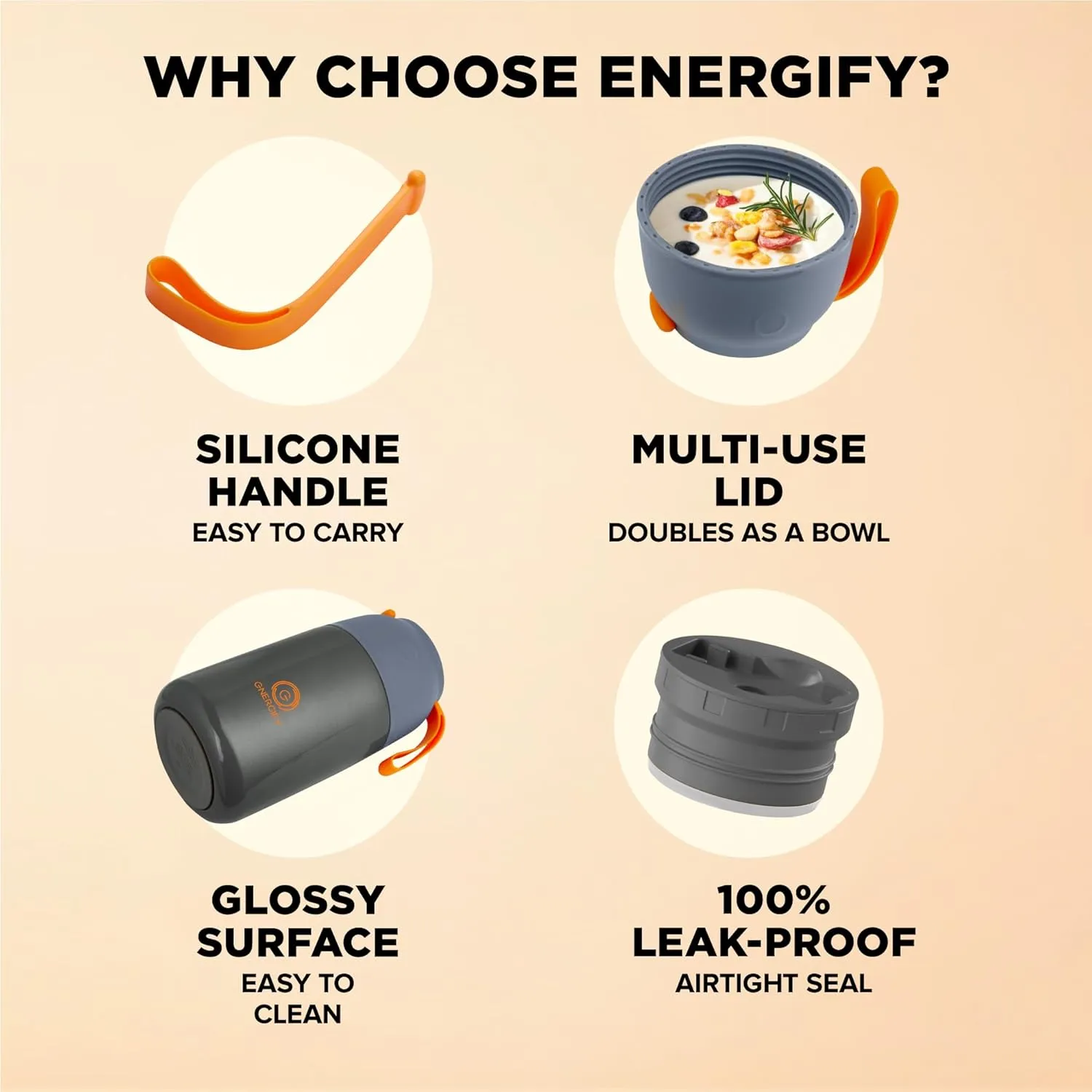 ENERGIFY Vacuum Insulated Food Jar Wide Mouth 24 Oz Soup Thermo with Folding Spoon - Thermal Lunch Containers for Kids & Adults - Leak Proof Stainless Steel Thermos for Hot Food Keep 12H and Cold 24