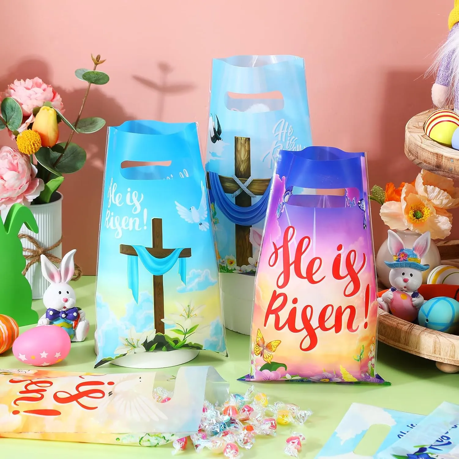 Engrowtic 120 Pcs Easter He Is Risen Gift Bags Religious Treat Bags with Handles Reusable Plastic Easter Goody packages for Christianity Theme Bible School Party Favor Eggs Hunt