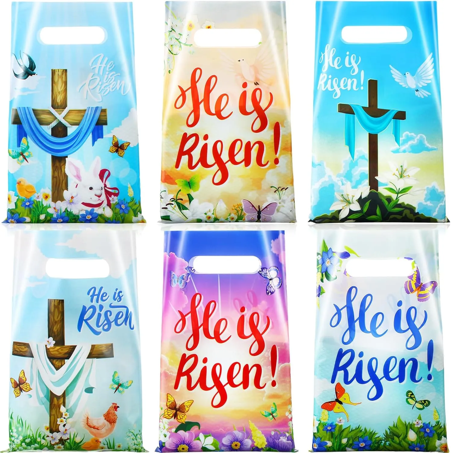 Engrowtic 120 Pcs Easter He Is Risen Gift Bags Religious Treat Bags with Handles Reusable Plastic Easter Goody packages for Christianity Theme Bible School Party Favor Eggs Hunt