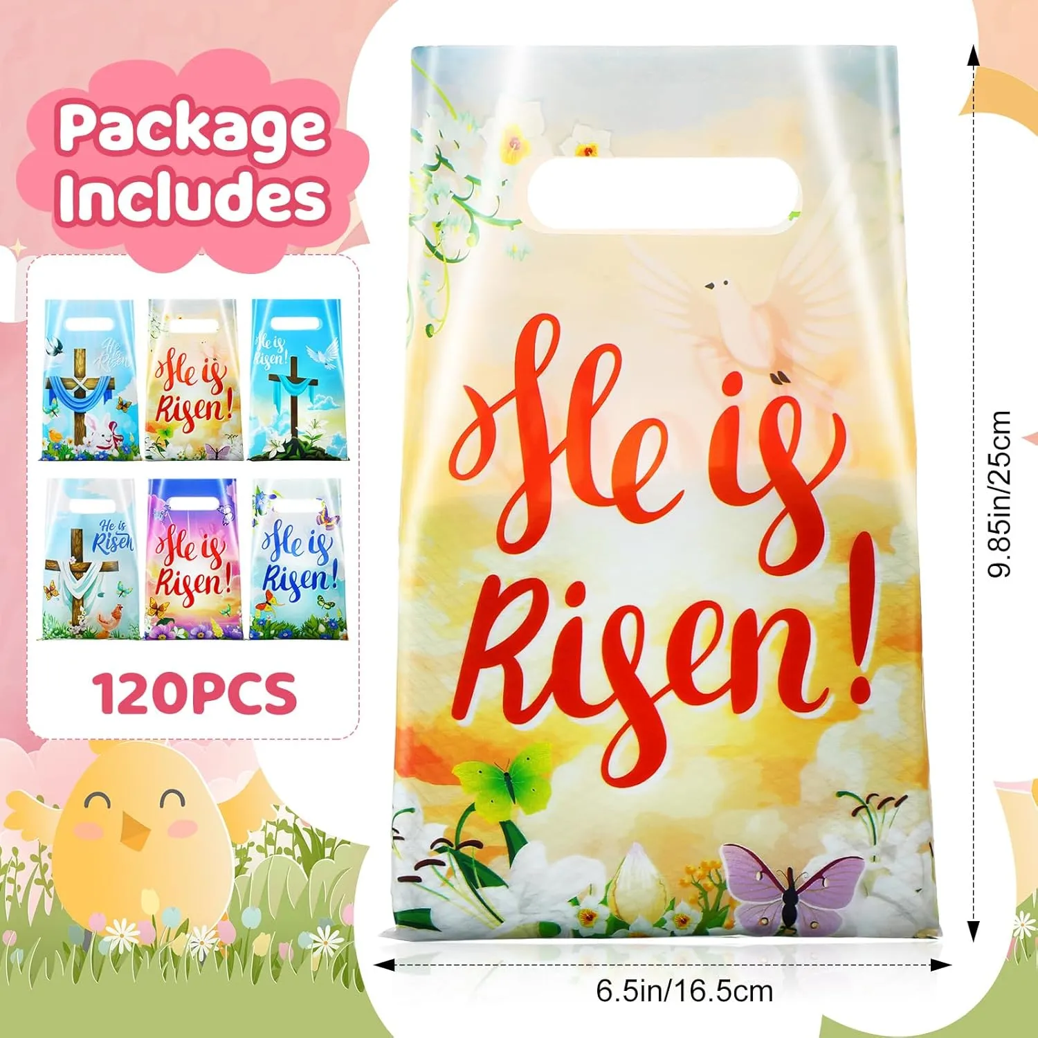 Engrowtic 120 Pcs Easter He Is Risen Gift Bags Religious Treat Bags with Handles Reusable Plastic Easter Goody packages for Christianity Theme Bible School Party Favor Eggs Hunt