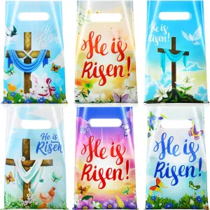 Engrowtic 120 Pcs Easter He Is Risen Gift Bags Religious Treat Bags with Handles Reusable Plastic Easter Goody packages for Christianity Theme Bible School Party Favor Eggs Hunt