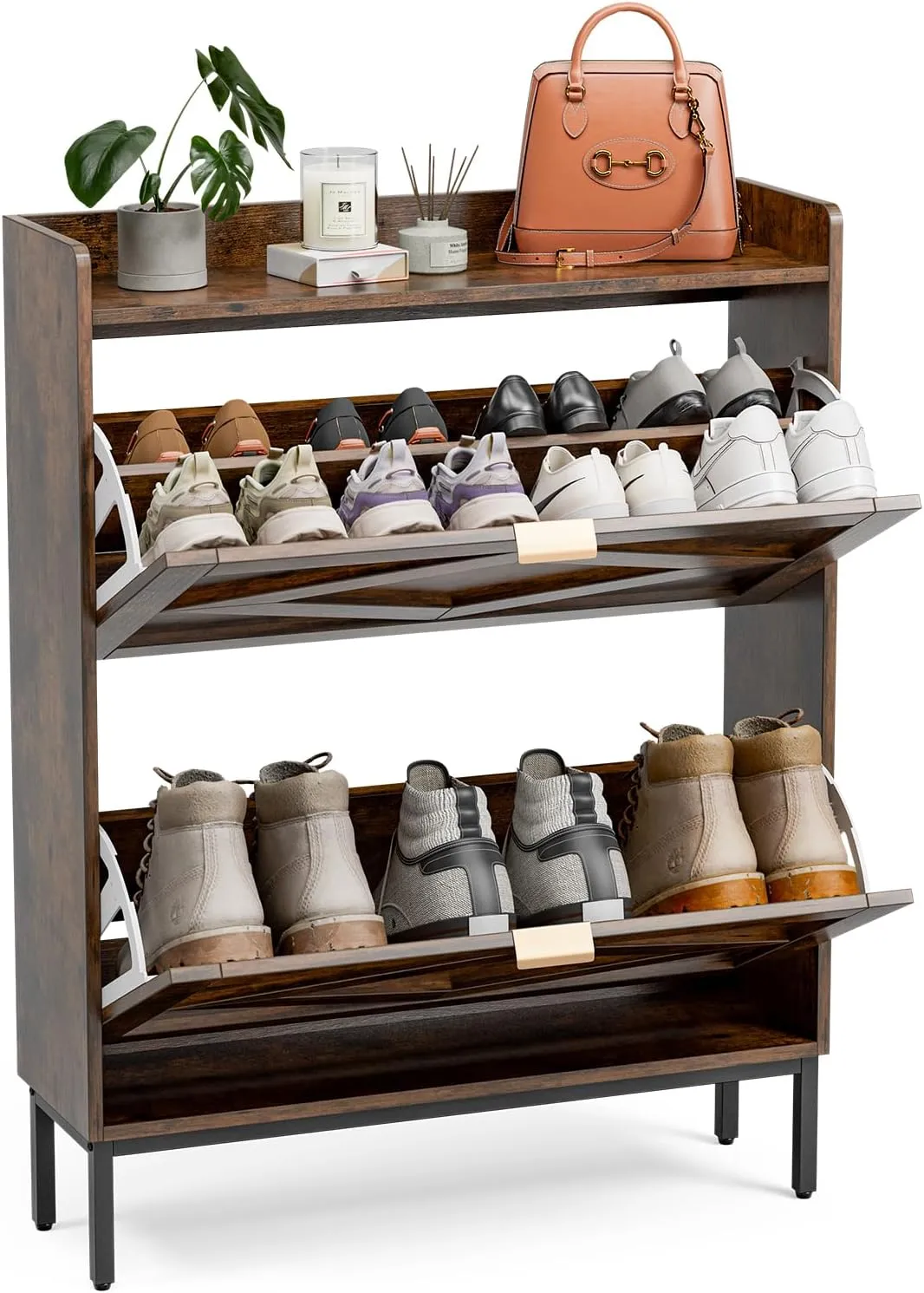 Entryway Shoe Storage Cabinet, Wooden Slim Organizer with 2 Hidden Drawers, Narrow Rack for Shoes, Flip Dresser for Entrance or Hallway, Space-Saving Storage Table, Rustic Brown