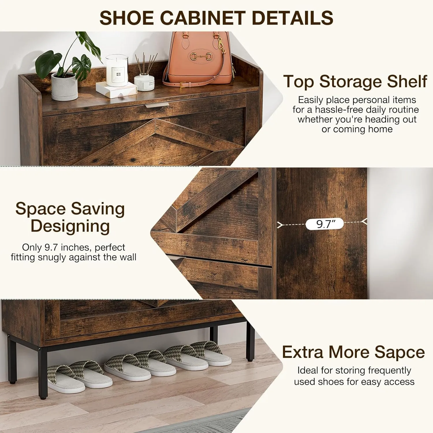 Entryway Shoe Storage Cabinet, Wooden Slim Organizer with 2 Hidden Drawers, Narrow Rack for Shoes, Flip Dresser for Entrance or Hallway, Space-Saving Storage Table, Rustic Brown