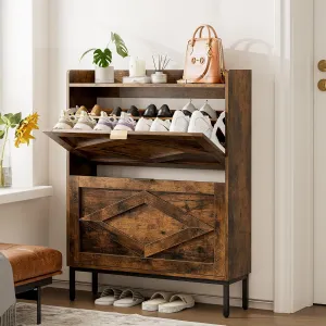 Entryway Shoe Storage Cabinet, Wooden Slim Organizer with 2 Hidden Drawers, Narrow Rack for Shoes, Flip Dresser for Entrance or Hallway, Space-Saving Storage Table, Rustic Brown