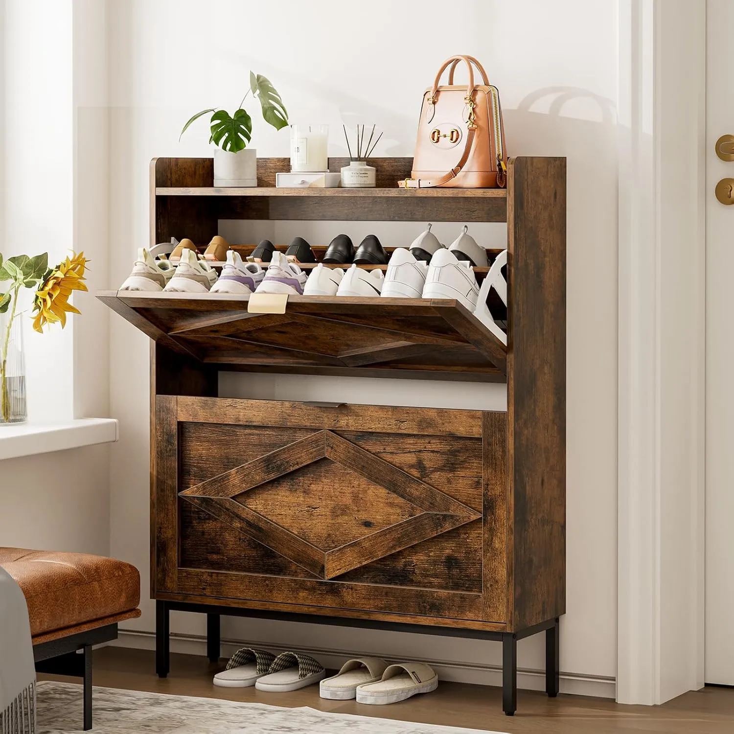 Entryway Shoe Storage Cabinet, Wooden Slim Organizer with 2 Hidden Drawers, Narrow Rack for Shoes, Flip Dresser for Entrance or Hallway, Space-Saving Storage Table, Rustic Brown