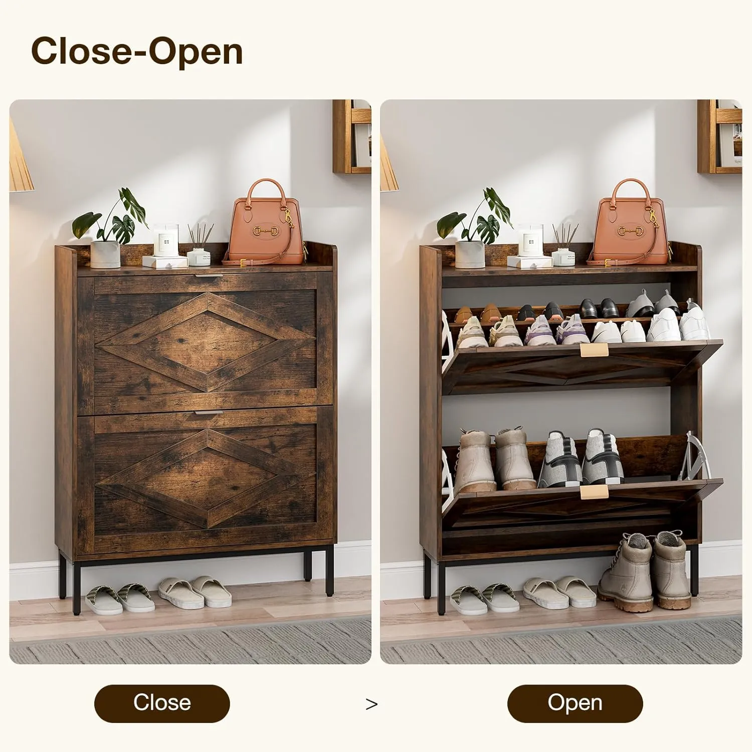 Entryway Shoe Storage Cabinet, Wooden Slim Organizer with 2 Hidden Drawers, Narrow Rack for Shoes, Flip Dresser for Entrance or Hallway, Space-Saving Storage Table, Rustic Brown