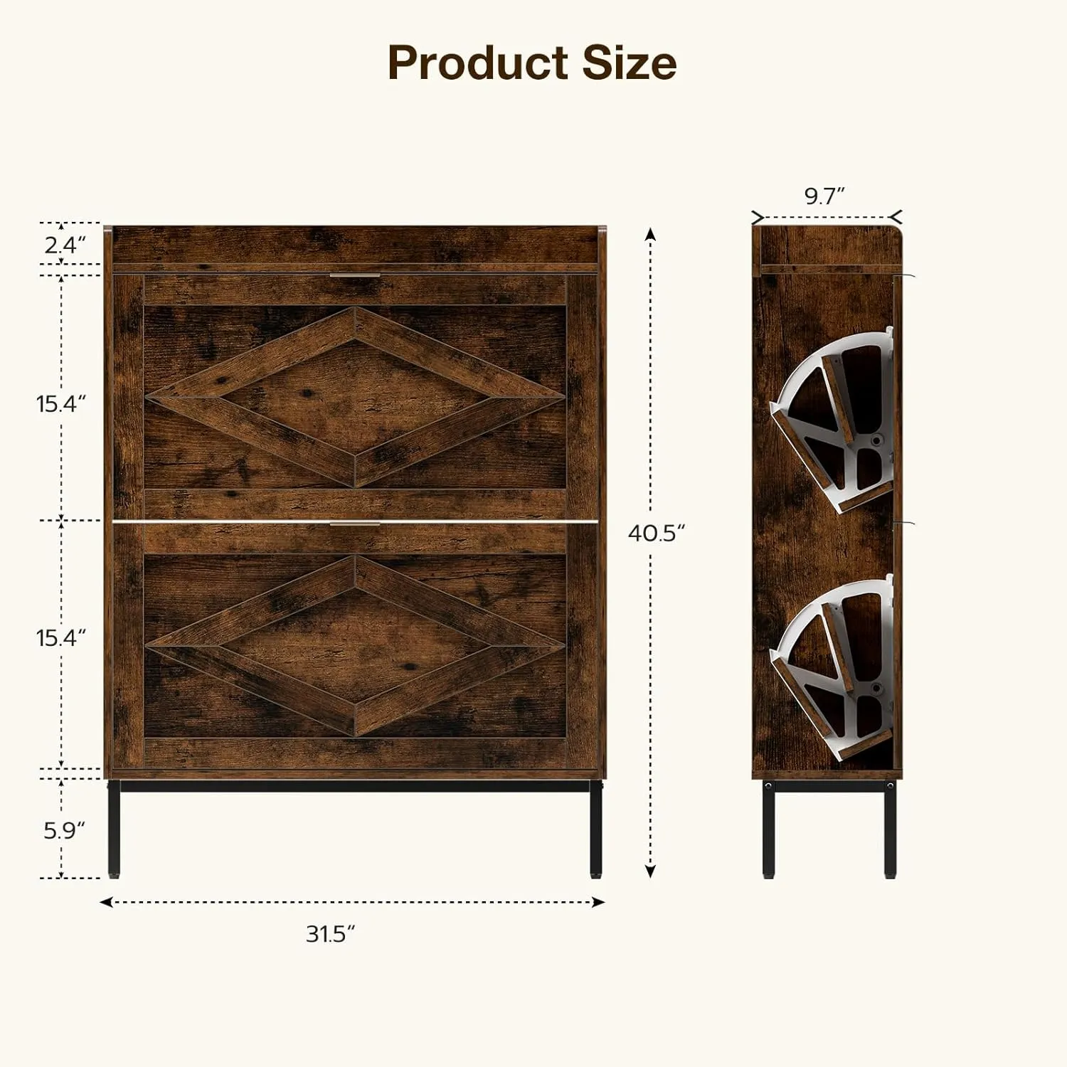Entryway Shoe Storage Cabinet, Wooden Slim Organizer with 2 Hidden Drawers, Narrow Rack for Shoes, Flip Dresser for Entrance or Hallway, Space-Saving Storage Table, Rustic Brown