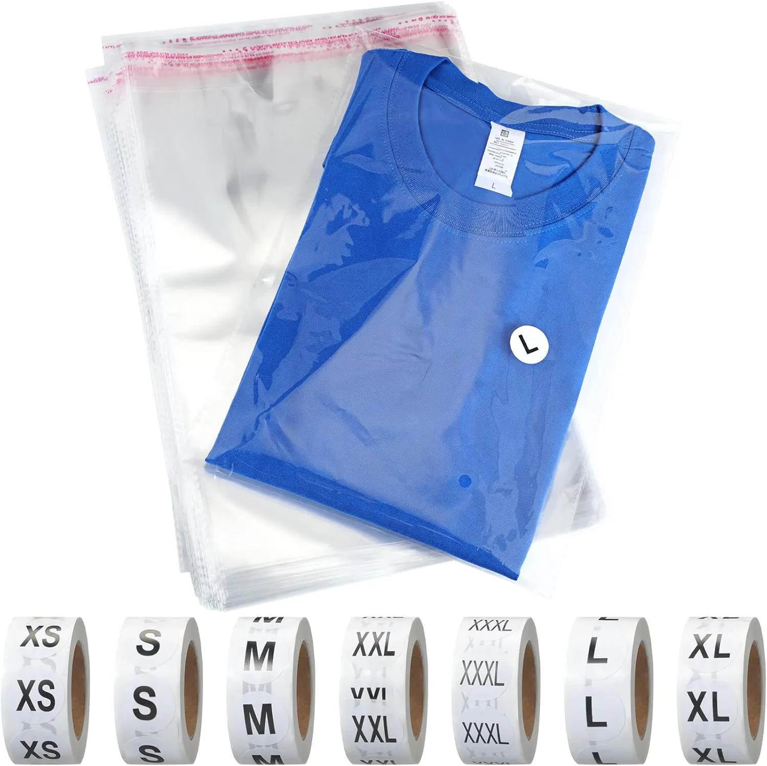 Epakh 200 Pcs Resealable Poly Clear Shirt Bags with 7 Sizes 3500 Pcs Clothing Size Stickers Labels Self Sealing Plastic Bag for Small Businesses Packaging T Shirts Retail Storage (12 x 16 Inch)