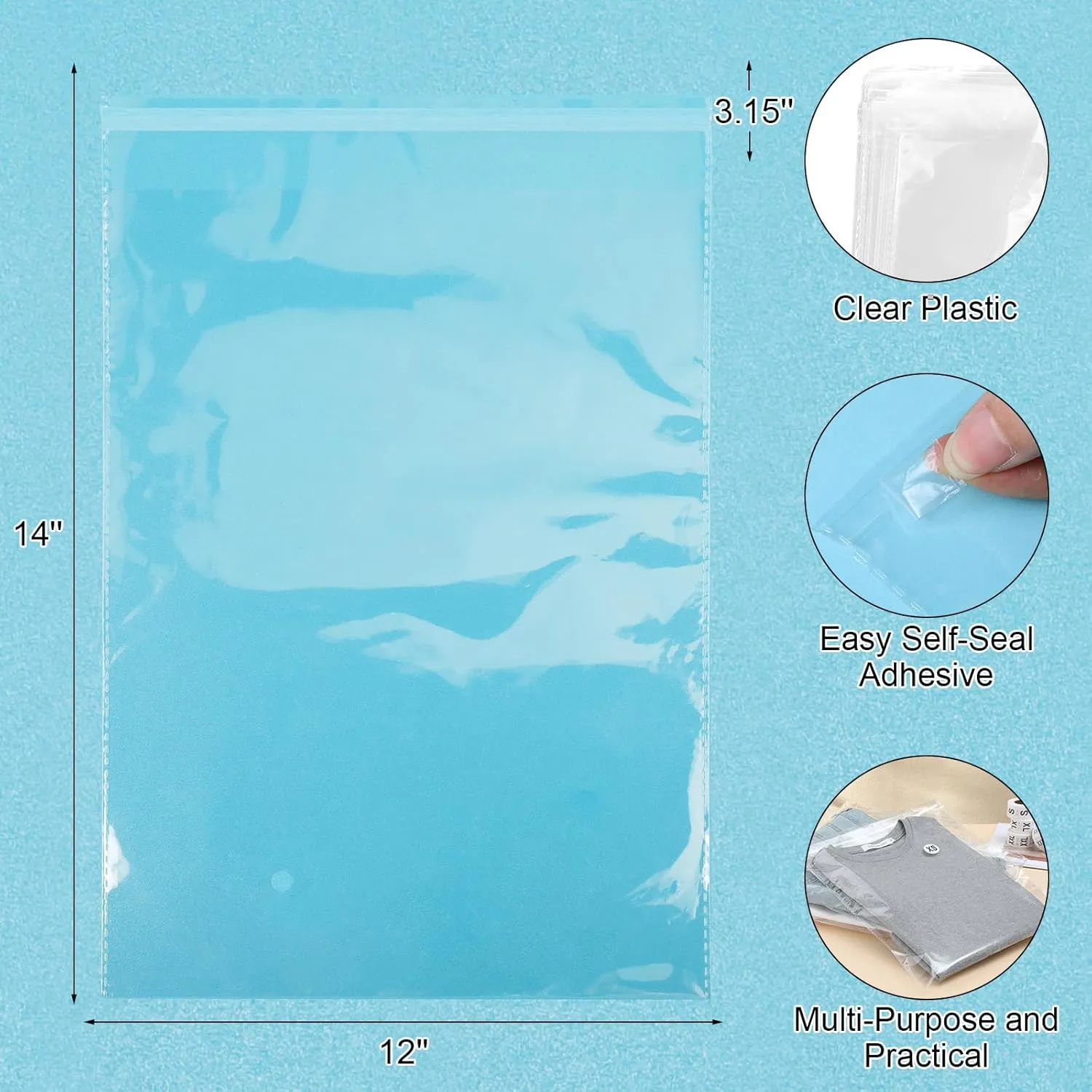 Epakh 200 Pcs Resealable Poly Clear Shirt Bags with 7 Sizes 3500 Pcs Clothing Size Stickers Labels Self Sealing Plastic Bag for Small Businesses Packaging T Shirts Retail Storage (12 x 16 Inch)