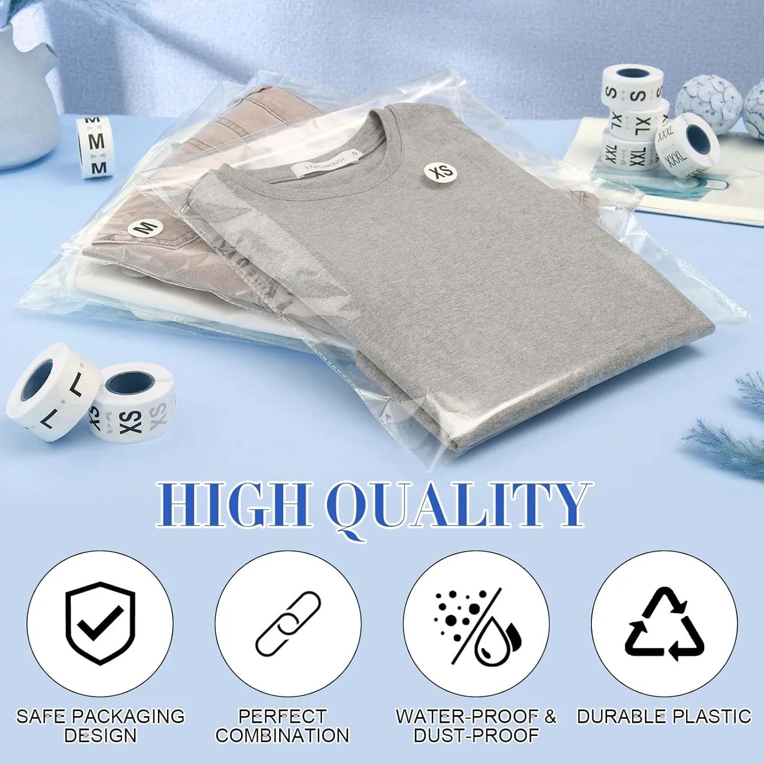 Epakh 200 Pcs Resealable Poly Clear Shirt Bags with 7 Sizes 3500 Pcs Clothing Size Stickers Labels Self Sealing Plastic Bag for Small Businesses Packaging T Shirts Retail Storage (12 x 16 Inch)