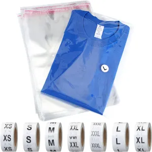 Epakh 200 Pcs Resealable Poly Clear Shirt Bags with 7 Sizes 3500 Pcs Clothing Size Stickers Labels Self Sealing Plastic Bag for Small Businesses Packaging T Shirts Retail Storage (12 x 16 Inch)