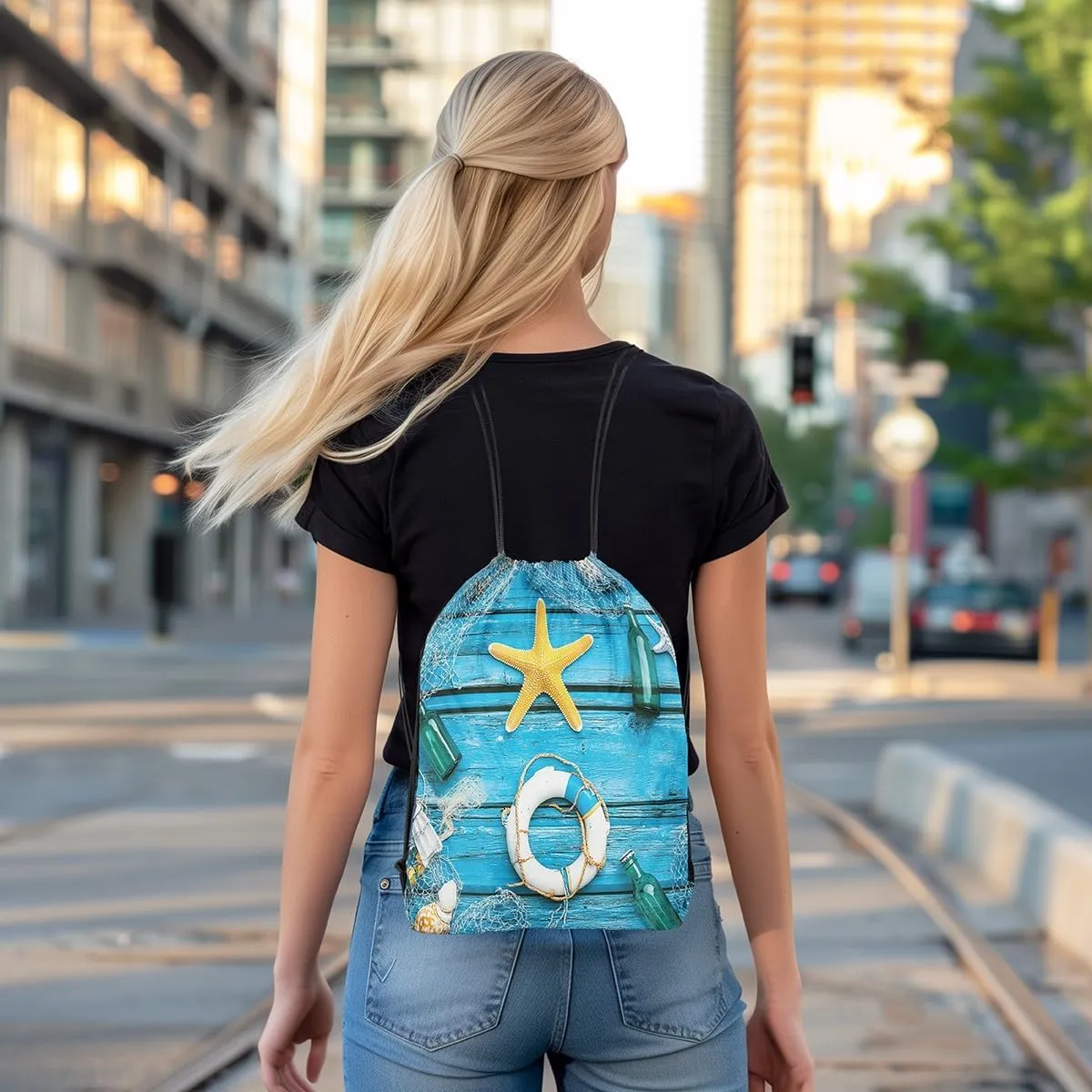 Erosebridal Hawaii Starfish Drawstring Backpack 13x15.7 for Sport,Nautical Swimming Ring Drawstring Bags,Drifting Bottle Draw String Back Bag,Wooden Plank String Backpack