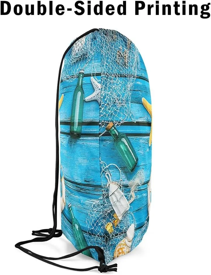 Erosebridal Hawaii Starfish Drawstring Backpack 13x15.7 for Sport,Nautical Swimming Ring Drawstring Bags,Drifting Bottle Draw String Back Bag,Wooden Plank String Backpack