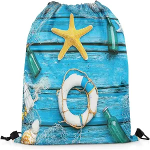 Erosebridal Hawaii Starfish Drawstring Backpack 13x15.7 for Sport,Nautical Swimming Ring Drawstring Bags,Drifting Bottle Draw String Back Bag,Wooden Plank String Backpack