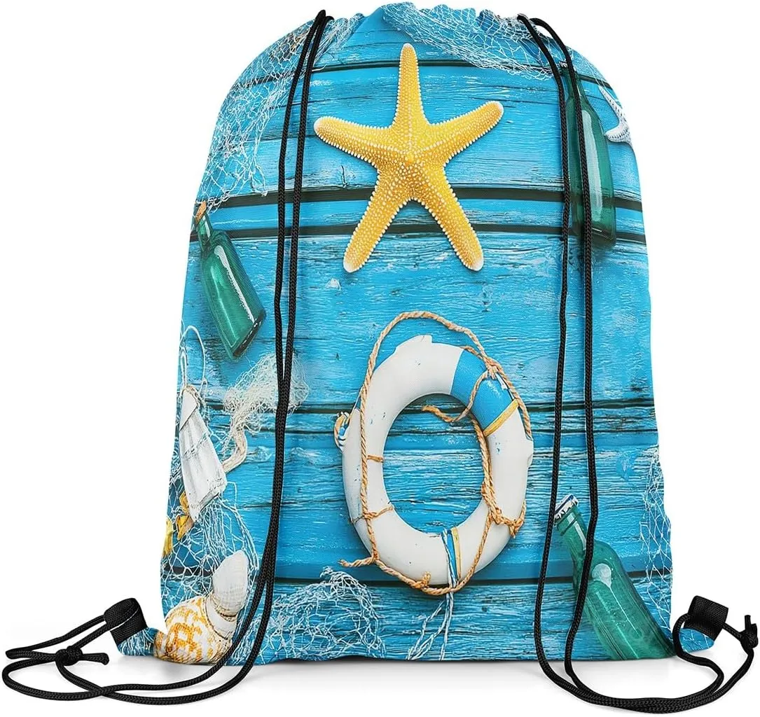 Erosebridal Hawaii Starfish Drawstring Backpack 13x15.7 for Sport,Nautical Swimming Ring Drawstring Bags,Drifting Bottle Draw String Back Bag,Wooden Plank String Backpack