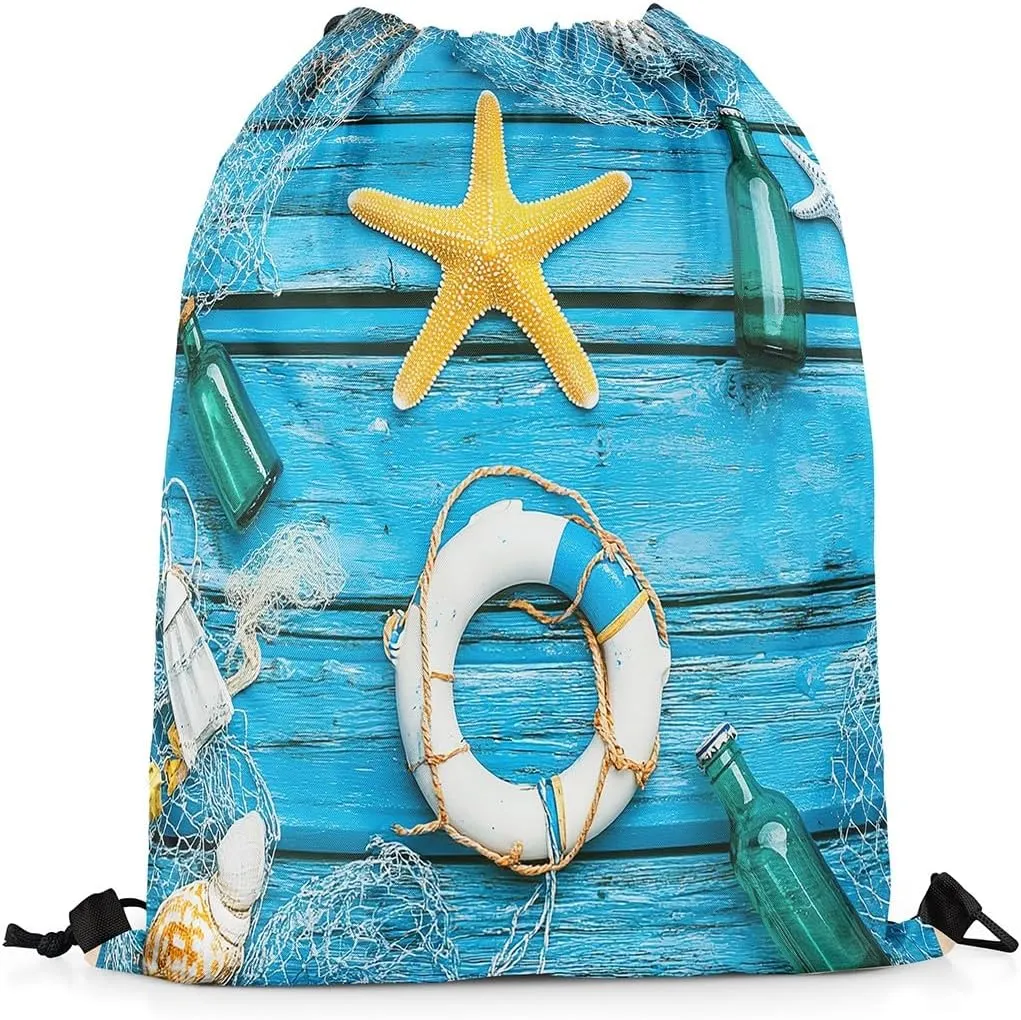 Erosebridal Hawaii Starfish Drawstring Backpack 13x15.7 for Sport,Nautical Swimming Ring Drawstring Bags,Drifting Bottle Draw String Back Bag,Wooden Plank String Backpack
