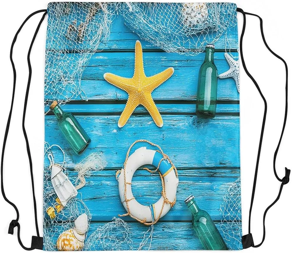 Erosebridal Hawaii Starfish Drawstring Backpack 13x15.7 for Sport,Nautical Swimming Ring Drawstring Bags,Drifting Bottle Draw String Back Bag,Wooden Plank String Backpack