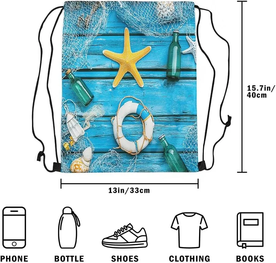 Erosebridal Hawaii Starfish Drawstring Backpack 13x15.7 for Sport,Nautical Swimming Ring Drawstring Bags,Drifting Bottle Draw String Back Bag,Wooden Plank String Backpack