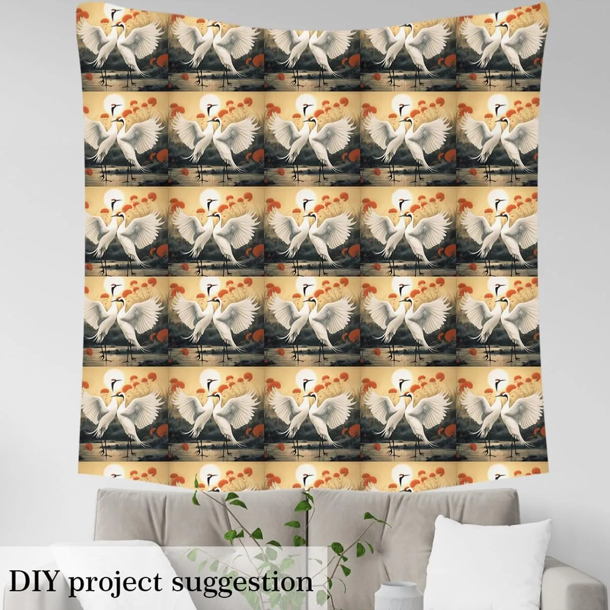 Erosebridal Red-Crowned Crane Fabric by The Yard, Asian Culture Yellow Decorative Fabric, Japanese Ukiyo-E Upholstery Fabric, Wild Animals Safari Indoor Outdoor Fabric for Adults Teens, 1 Yard